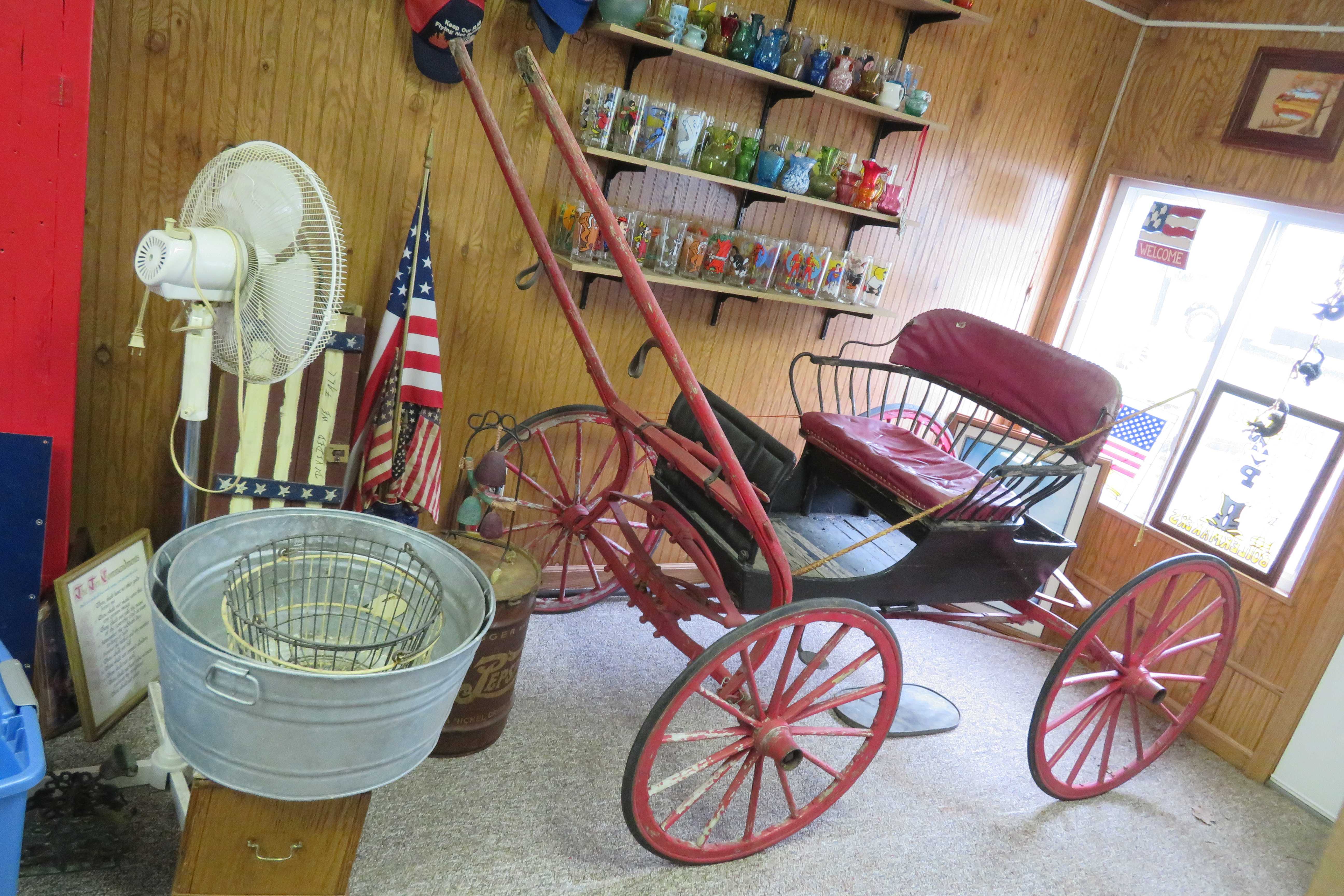 Antiques, Primitives, Buggy, Butter Churns, Granite Ware, Milk Bottles, Pyrex 