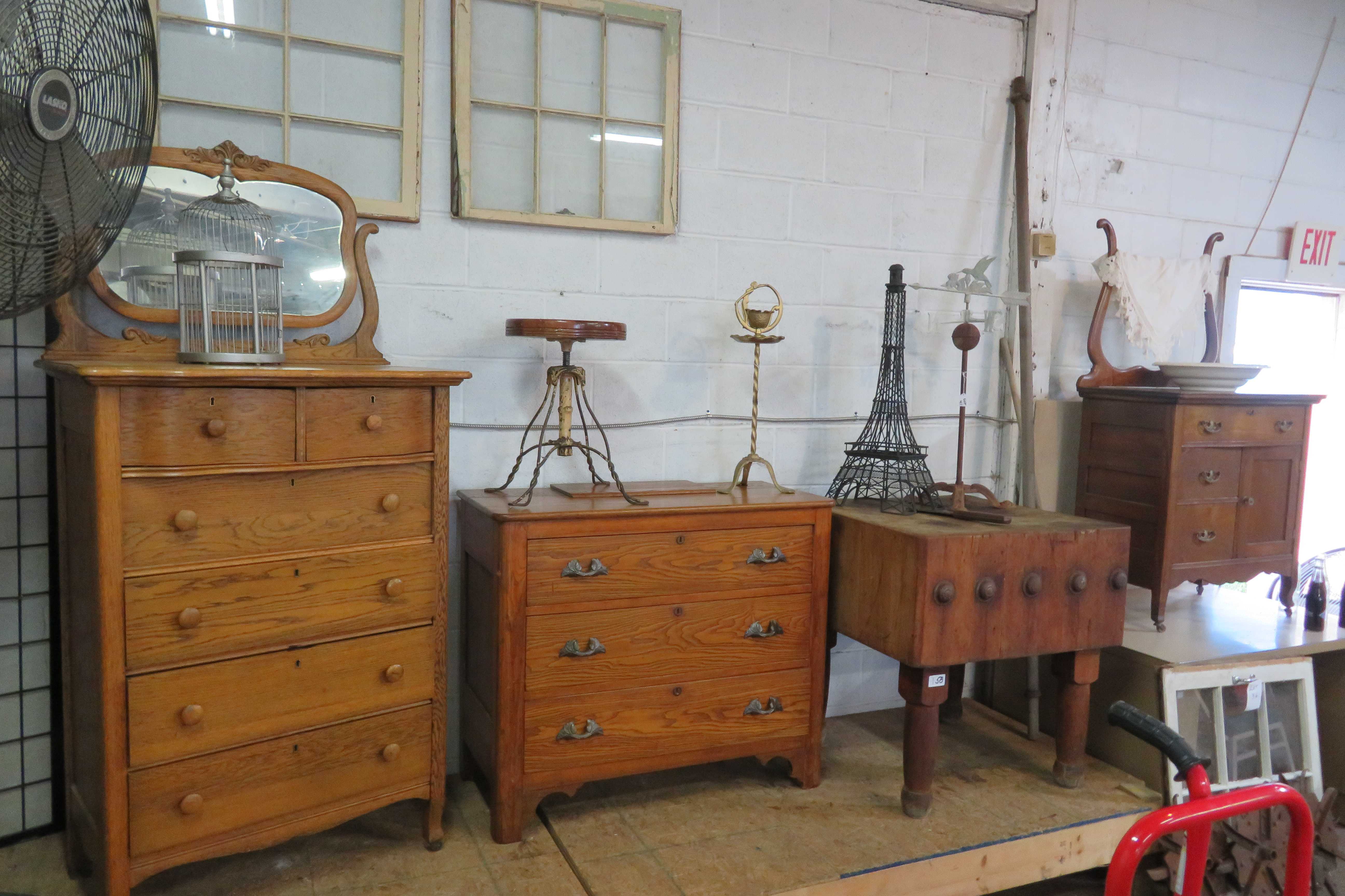 Antiques Primitives  Butcher Block Table Fire King Crock Bowls  Tell City