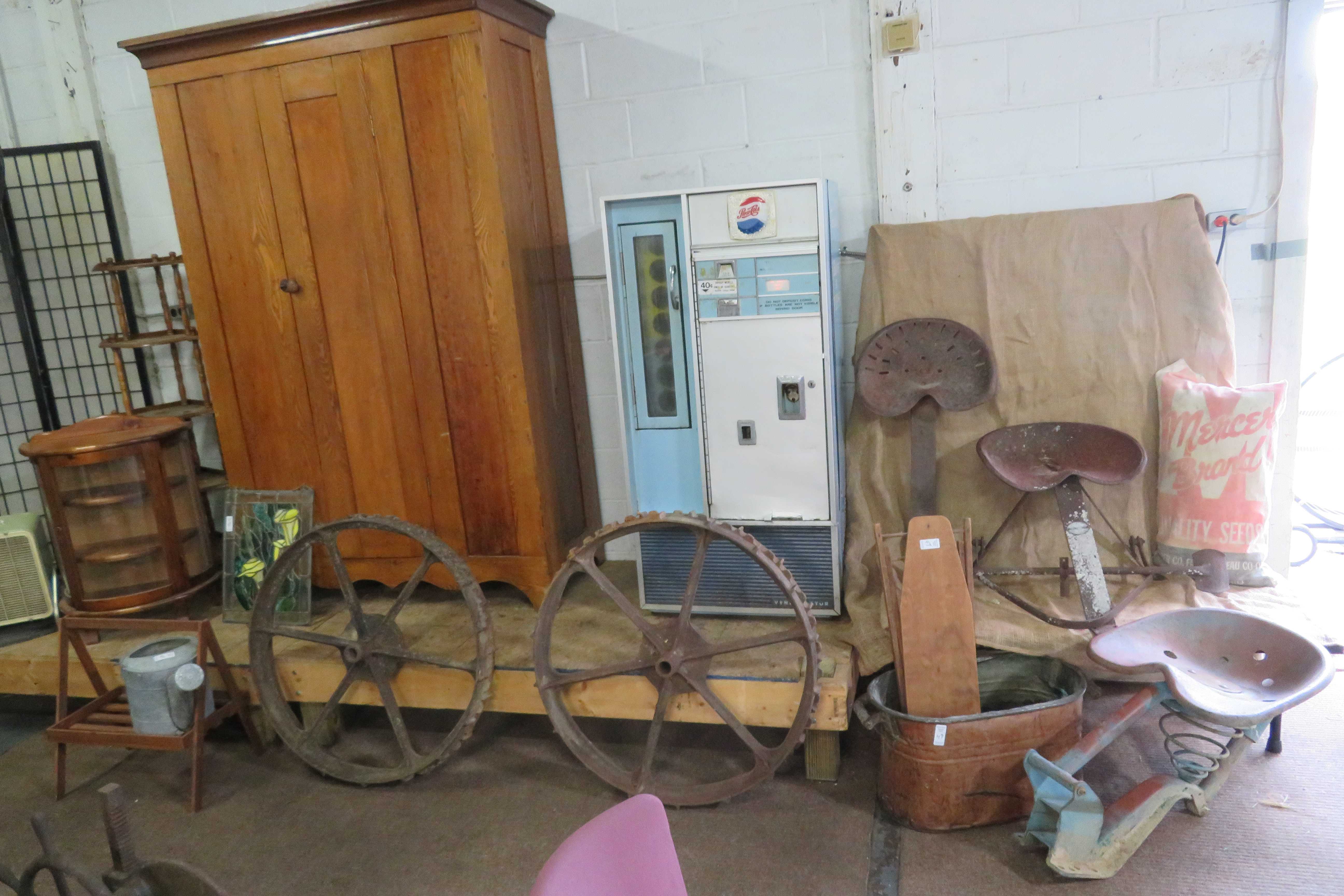 Antiques Primitives  Cabinet Pepsi Machine  Cast Iron Lard Pot, Tractor Seats, I
