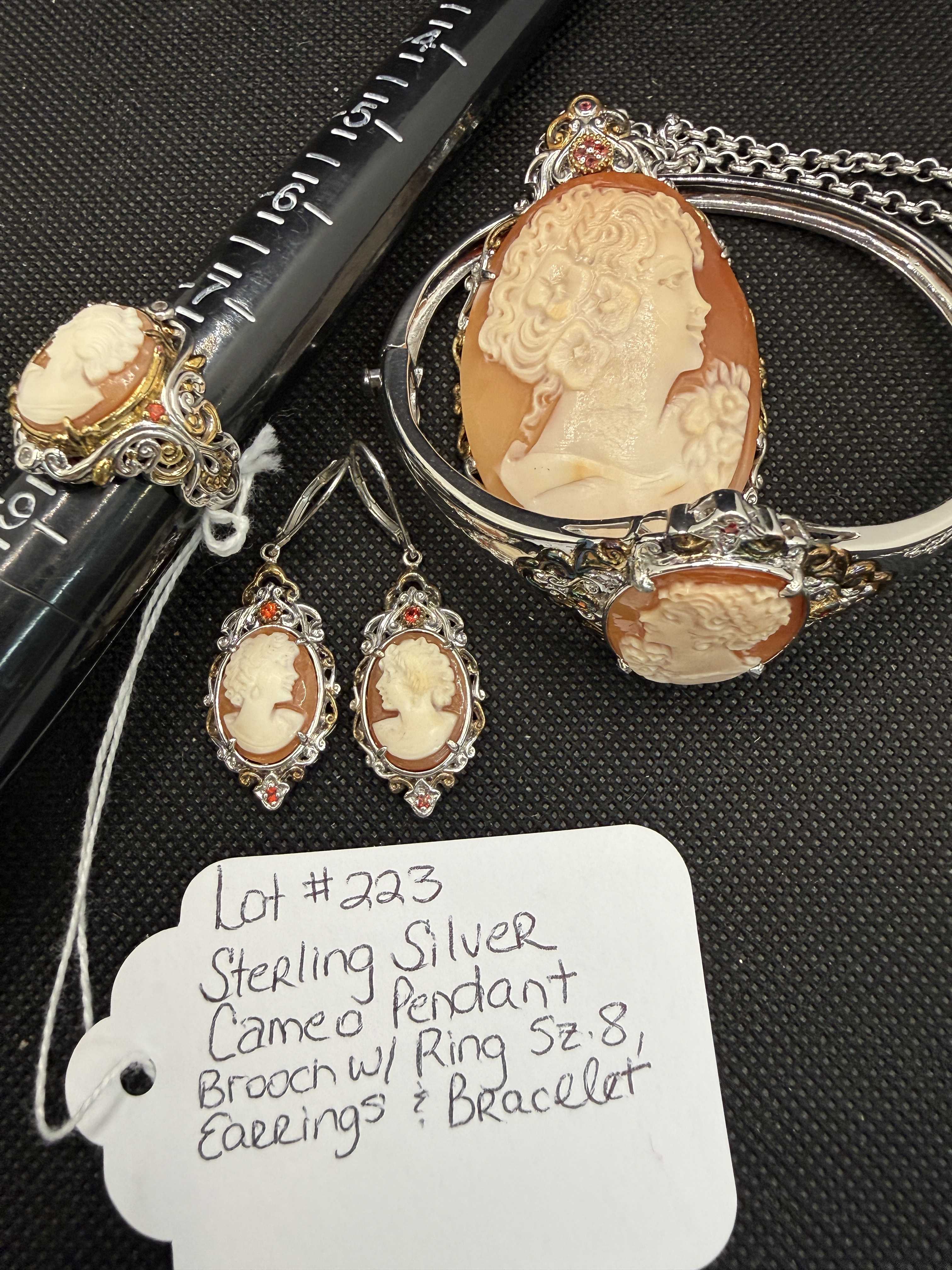 Image for STERLING SILVER CAMEO PENDANT BROOCH W/RING,EARRINGS & BRACELET SZ 8