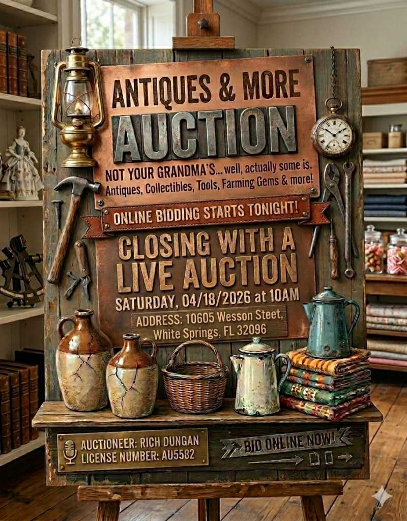 Auction teaser for White Springs, FL Antiques & Home Goods Sale