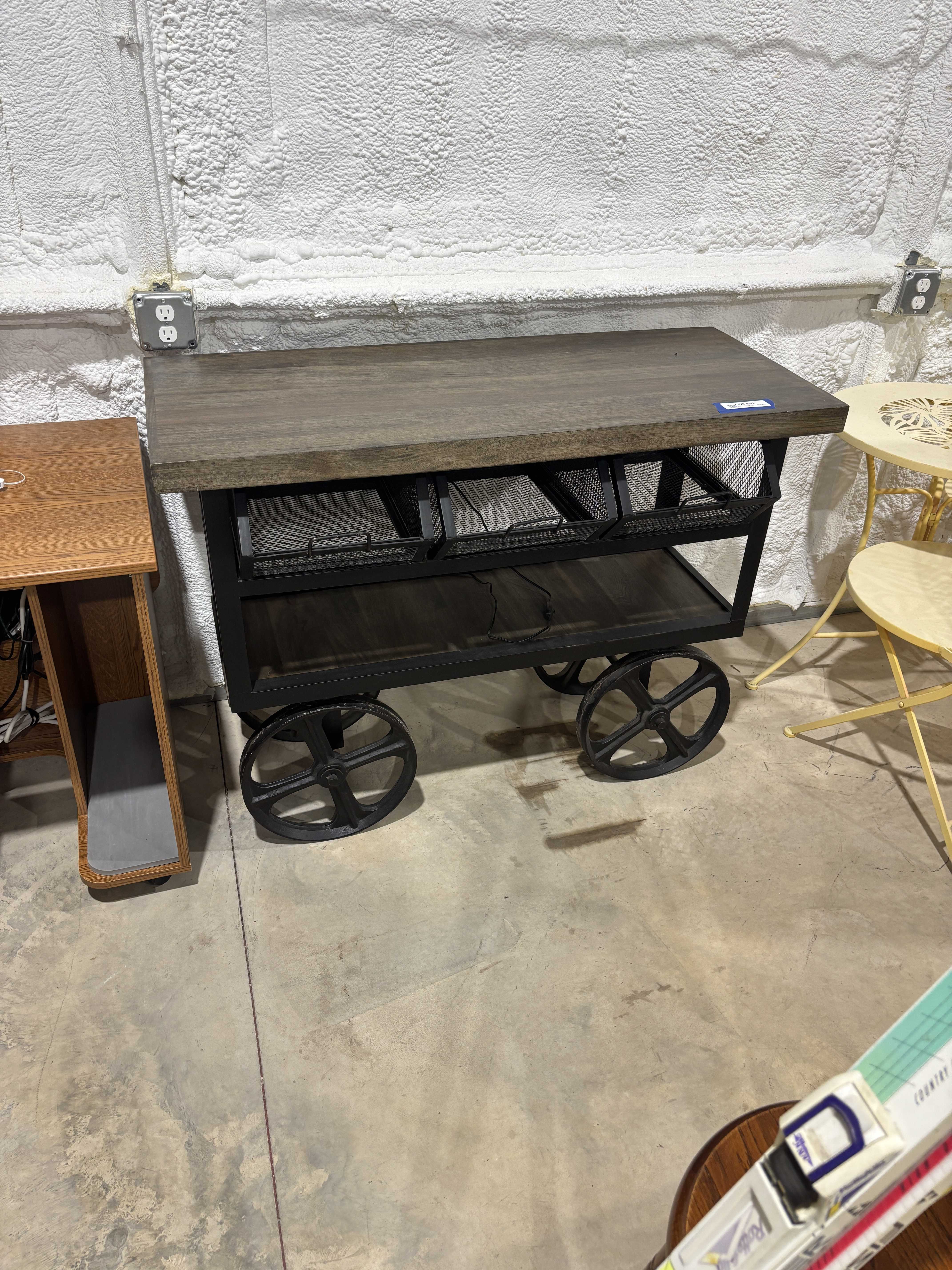 Industrial Style Bar Cart with Wooden Top and Metal Wheels